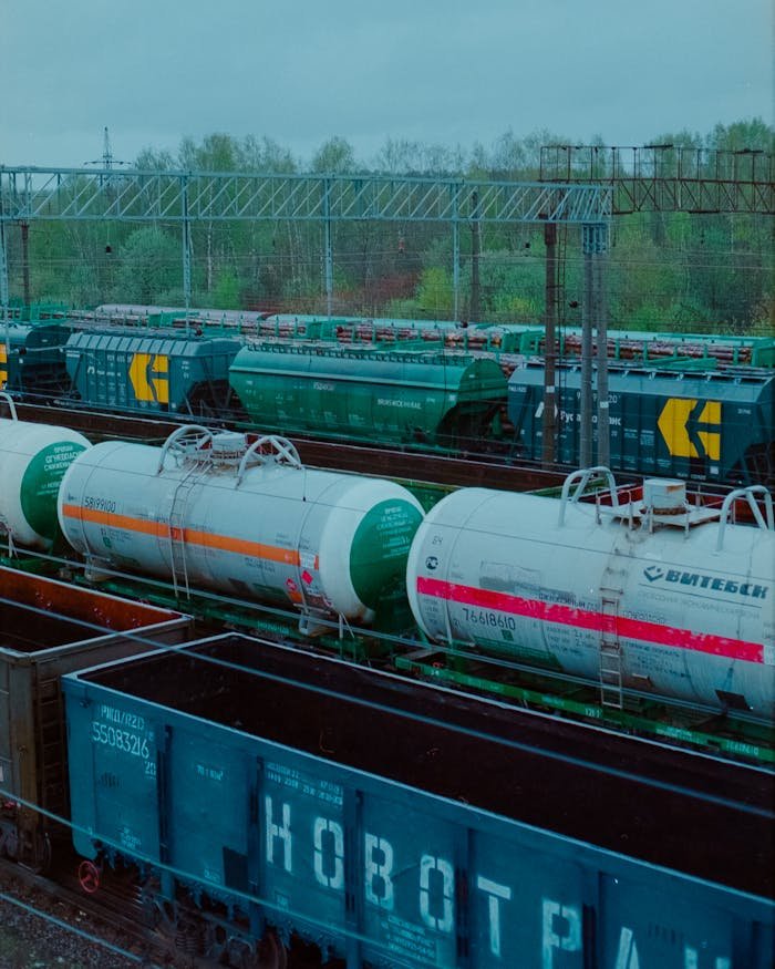 Freight trains in a rail yard in Moscow, Russia, transporting goods.